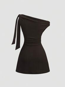 Sweetra Asymmetrical Shoulder Tie-Up Summer Minimalist Design Dress - Coffee Brown - View 2