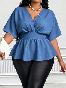 Maweii Plus Size Women's Casual Solid Shirred Raglan Sleeve Back Pleated Shirt, Spring/Summer New Versatile Design - Blue - View 6