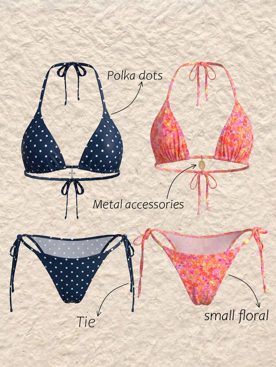 Swim Mod 4件套女士碎花、波点、随机印花性感露背比基尼套装，可调节细肩带露脐上衣和泳裤，适合海滩、游泳池、派对、春夏穿着 - 彩色 - 查看 1