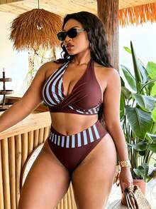 SHEIN Swim Vcay Bộ bikini hai mảnh gợi cảm buộc dây cổ và quần tam giác dành cho nữ cỡ lớn, thích hợp mặc đi biển mùa hè. - Nhiều màu - Xem 5