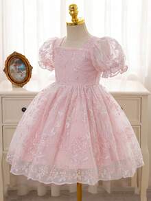 SHEIN Glamorique Kids 年轻女孩优雅迷人可爱粉紫色刺绣泡泡袖收腰奢华双层薄纱荷叶边连衣裙 - 粉色 - 查看 4