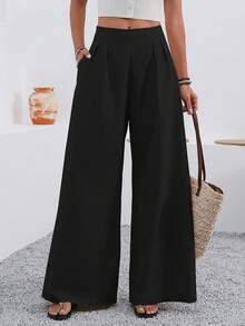 SHEIN PETITE Women's Summer Casual Bohemian Woven Black Zipper Side Pleated Waist Straight Leg Pockets Pants - Black - View 5