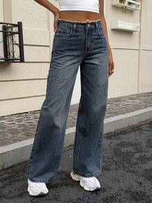 DAZY Women's Loose Straight Leg Distressed Letter Rhinestone Embellished Casual Jeans - Dark Wash - View 3