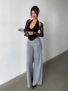 SHEIN Tall CURVE Áo kiểu gợi cảm cổ chữ V khoét sâu phối ren tương phản dành cho nữ cỡ lớn - màu đen - Xem 7