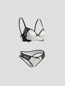 DAZY 2 piezas Conjunto de sujetador inalámbrico y panty con tirantes de espagueti ajustables y parches de encaje para mujeres - Negro - Ver 14