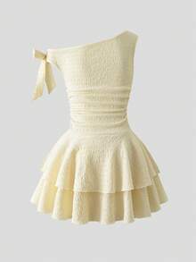 SHEIN Tween Girl Elegant Summer Birthday Dress,Golden Yellow Asymmetrical Shoulder Ruched Cake Princess Outfit With Metal Starfish Decor,Sibling Matching - Yellow - View 5