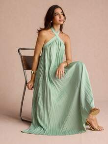Enchnt 女士纯色露背吊带褶皱优雅连衣裙 - 薄荷綠 - 查看 3