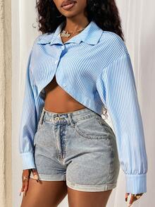 Glyssa Áo croptop dài tay cổ bẻ kẻ sọc đen xanh gợi cảm mới dành cho nữ, thích hợp cho kỳ nghỉ hè, phong cách đường phố, thường ngày, dự tiệc, mùa xuân/hè. - Màu xanh lam - Xem 3
