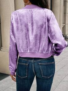 EMERY ROSE Chaqueta de béisbol con cremallera metálica dorada y puños acanalados, nueva para otoño, de corte slim, elegante y versátil, cárdigan corto para ropa de fiesta de Año Nuevo - Morado - Ver 2