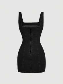 Sweetra Đầm quây denim buộc dây dành cho nữ - màu đen - Xem 2