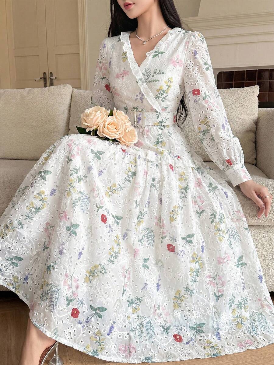 DAZY Women's Floral Pattern Frill Trim Long Sleeve Elegant Mid-Length Dress - White - View 1