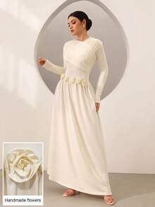 Graceveil French Elegant Floral Knitted Ruffle Fitted Flared Long Sleeve Dress, Flattering & Graceful - Light Yellow - View 2