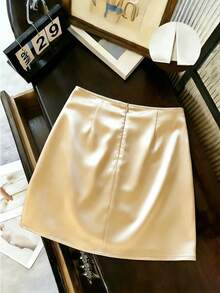 SHEIN Franclia Women's Casual Commuter Elegant Fashion Young Minimalist Versatile Tie-Front Elastic Waist Skirt, Spring/Summer - Champagne - View 2