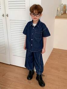 Dazy Kids Áo sơ mi denim tay ngắn cài một hàng khuy và quần denim cho bé trai - Trang phục thường ngày. - Màu xanh lam - Xem 7