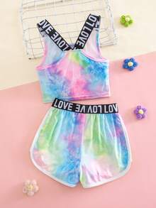 Bộ 2 món áo vest và quần short dệt kim nhuộm màu tie-dye cho bé gái, có chữ cái trang trí, kiểu dáng thường ngày. - Nhiều màu - Xem 2