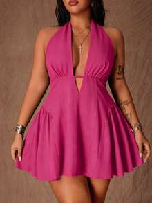 Rustia Plus Size Sexy Chic Deep V-Neck Halter Tie Waist Slim Fit Dress - Hot Pink - View 5