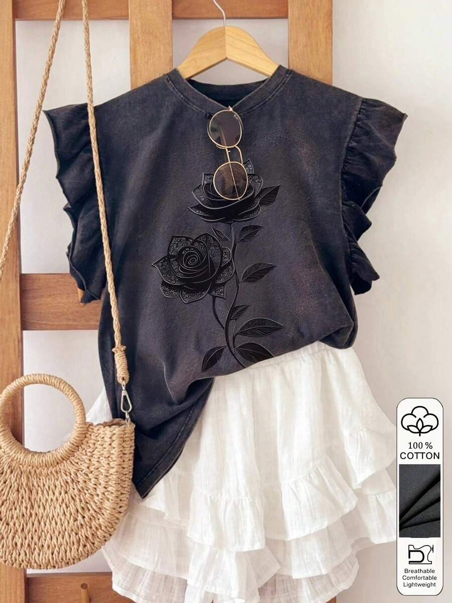 Resyla Áo thun nữ cổ tròn, chất liệu 100% cotton đã qua xử lý, kiểu dáng tối giản, in họa tiết hoa hồng đen, có tay áo bèo nhún, thích hợp làm quà tặng cho bạn bè. - màu đen - Xem 1