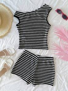 SHEIN Teen Girl Casual Daily Versatile Comfortable Striped Asymmetric Shoulder Tank Top & Shorts Set Teen Girl - Black - View 3