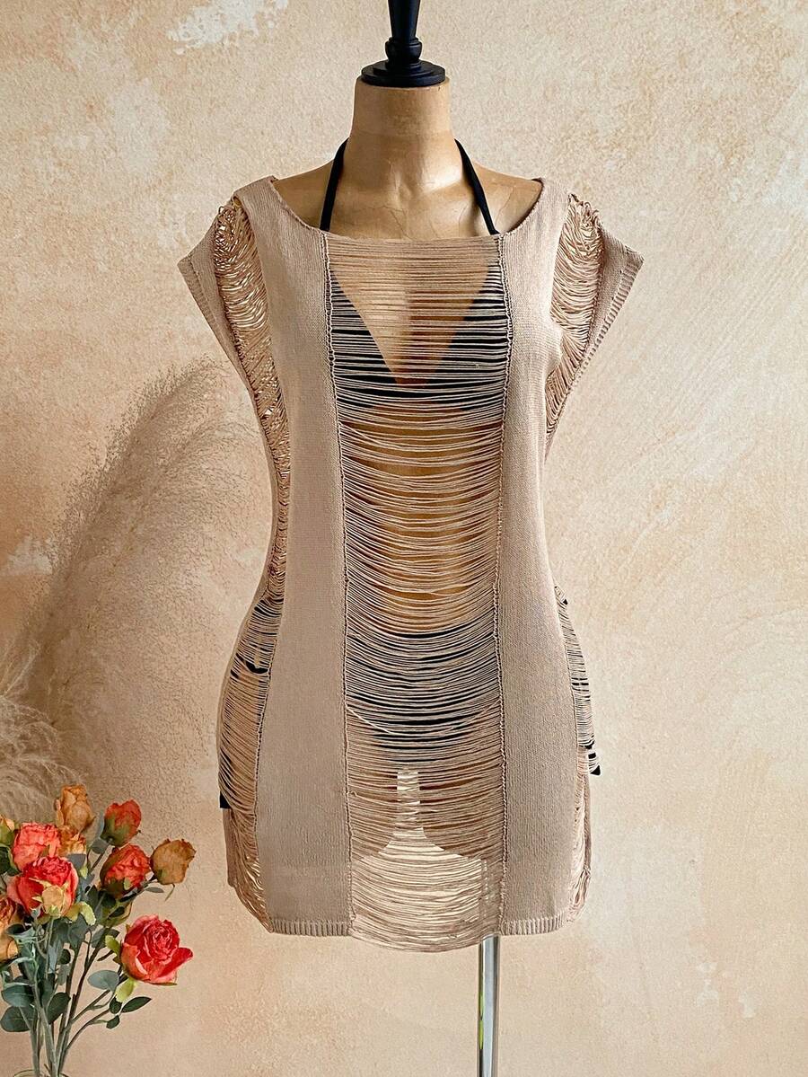 SHEIN WYWH Women's Vacation Beach Knit Tassel Hollow Out Dress,Vacation Outfits Women, Casual Dress For Women - Camel - View 1