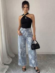 Elenzga Quần jeans nữ ống rộng dáng suông in hoa, có túi, kiểu dáng thường ngày. - Rửa nhẹ - Xem 5
