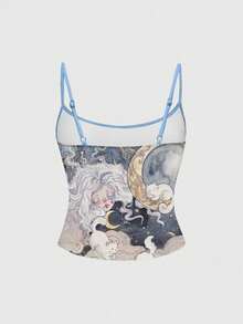 ROMWE Áo tank top hai dây in hình cô gái mèo, phong cách cổ tích huyền bí Y2K, mộng mơ, với hình mặt trời, mặt trăng, ngôi sao dành cho nữ. - Màu xanh lam - Xem 2