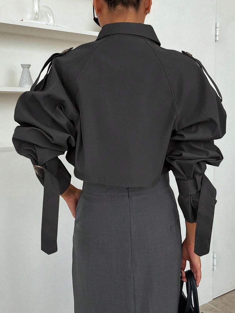 Buckle Raglan Sleeve Epaulettes Design Crop Trench Coat,Fall Clothes Women Jacket