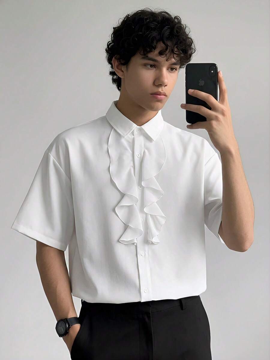 NORVETH Men's Fashionable Short Sleeve Shirt, Spring/Summer - White - View 1