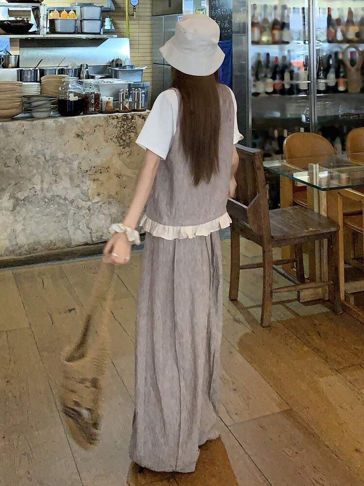 Women's Lace Patchwork V-Neck Sleeveless Jacket And Wide Leg Pants Elegant Vacation Summer 2-Piece Set