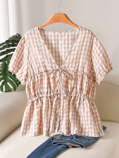 CosyJoli Plus Size Casual Plaid V-Neck Short Sleeve Shirt