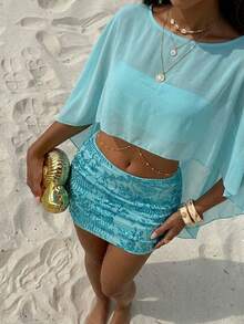 Sunnyshic Bộ váy ngắn đính sequin màu xanh dương dành cho nữ, trang phục đi biển, dự tiệc mùa hè, đám cưới, sinh nhật, hẹn hò, đi club, kỳ nghỉ biển, mùa xuân/hè. - Màu xanh lam - Xem 4