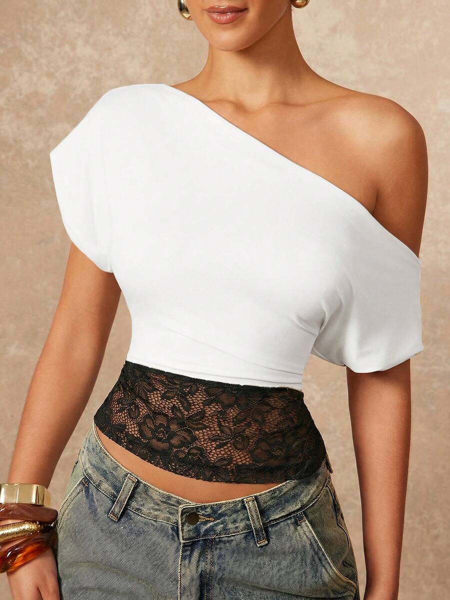 Lumalex Elegant Sexy Women Top With Shoulder Ruffle Golf White Summer - Black and White - View 1