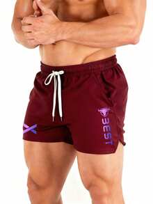 Gym Rark 2pcs Men's Letter Print Drawstring Waist Sports Shorts, Lightweight Active Gym Workout Athletic Running Shorts - Burgundy - View 4