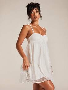 SHEIN BAE Đầm mini không tay, dây mảnh, màu trắng, chất liệu vải có họa tiết, thanh lịch, ngọt ngào, dễ thương, thích hợp cho các buổi hẹn hò lãng mạn, tiệc tùng, các sự kiện trang trọng, đầm phù dâu, đầm hè cho nữ, tiệc trà, năm mới, ngày Valentine, đầm sinh nhật, đầm trắng, đầm thường ngày, đầm hè. - trắng - Xem 3