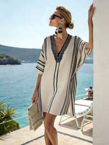 Breezaya Women's Summer Clothing. Elegant, Casual, Loose-Fitting V-Neck Dress For Women. Flared Hem Design. Perfect For Beachwear, Seaside Resorts, Greek Towns, And Festive Occasions. Beach Dresses For Women Cover Up Resort Dresses For Women Casual Dresses For Women Summer Greece Vacation Outfits Women Zanea Dress For Woman - Multicolor - View 6