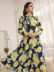 Modelyn Ruffled Tie Collar Pleated Patchwork Print Dress - Blue - View 7