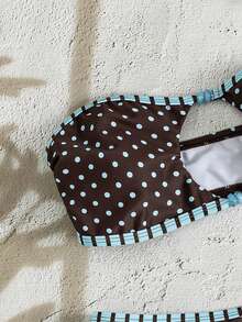 SHEIN Swim Mod Conjunto de bikini estilo retro tipo bandeau con estampado de lunares en marrón oscuro y azul claro - Marrón - Ver 6