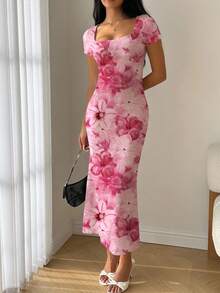 Modelyn Vestido ajustado con cuello cuadrado, volantes y bajo de sirena para el verano - Multicolor - Ver 3