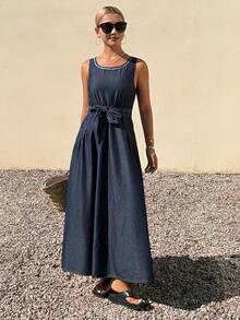 DAZY Women's Round Neck Sleeveless Waist Cinched Long Elegant Denim Dress - Dark Wash - View 3