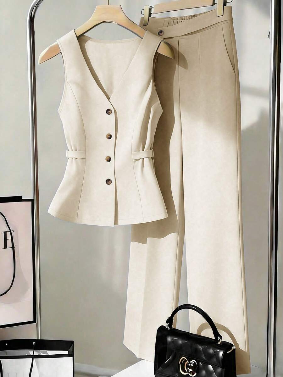 Franclia Women's 2 Pieces Set,Fitted Sleeveless Top And Straight Leg Pants,Light Beige,Autumn,Elegant,Office Fashionable For Commuting Suits For Ladies Outfit - Apricot - View 1
