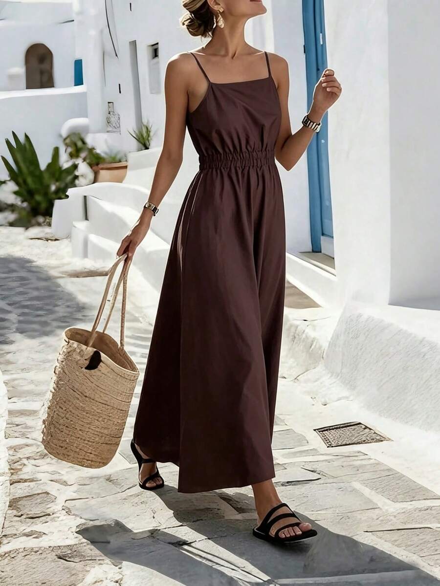 Selamara Women's Solid Color Waist Ruched Casual Cami Dress - Brown - View 1