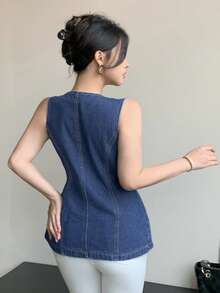DAZY Áo khoác denim ôm dáng không tay dành cho nữ, thích hợp cho mùa xuân và mùa hè. - Màu xanh lam - Xem 2