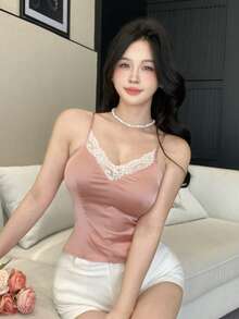DAZY 女士蕾丝拼接修身吊带背心，春夏款 - 粉色 - 查看 8