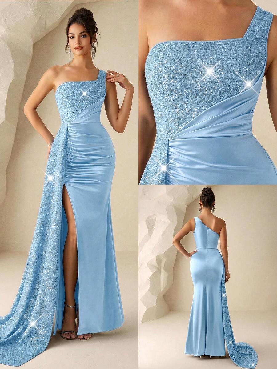 Coutiva Women's Formal Evening Gown With Rhinestone Decor And Slit Luxury Elegant Party Dress Solid Color Square Neck Sleeveless High-End Evening Dress, Elegant And Luxurious Formal Gown Black Bodycon Dress Women's Slim Dress Sexy Curve Dress Black Dress For Women Shapewear Dress Long Black Elegant Dress Black Satin Dress Black Formal Evening Gown Black Dinner Dress Sexy Elegant Dress Black Backless Dress Satin Dress Elegant Graduation Ceremony, School Opening, Music Festival, Birthday Party, Wedding, Afternoon Tea Gathering, Ball Ceremony Dress Wedding Vacation Party Holiday Dresses - Baby Blue - View 1