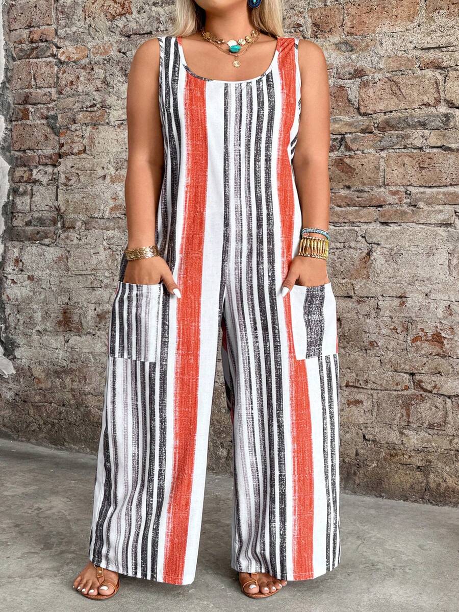 SHEIN CURVE+ Bộ áo liền quần không tay in họa tiết nhiều màu sắc cỡ lớn - Nhiều màu - Xem 1