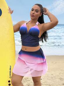Swim Lushoire Plus Size Women 2pcs Set Navy Blue Layered Ruffle Tummy Slimming Backless Bikini Set Beach Summer Sexy - Multicolor - View 2