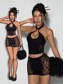 EgrlEra Bộ đồ 2 mảnh gợi cảm dành cho nữ: áo croptop cổ yếm và quần short. - màu đen - Xem 1