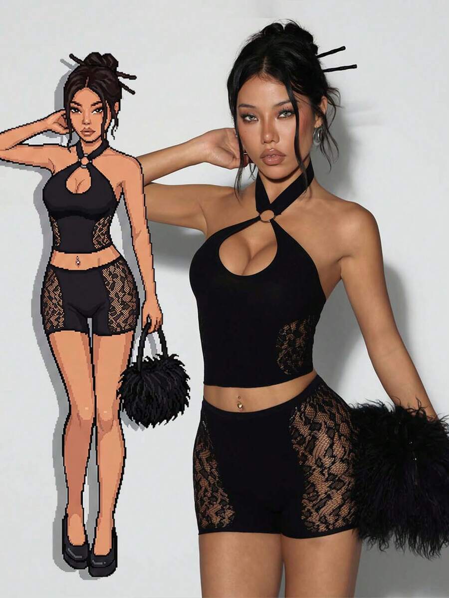 EgrlEra Bộ đồ 2 mảnh gợi cảm dành cho nữ: áo croptop cổ yếm và quần short. - màu đen - Xem 1