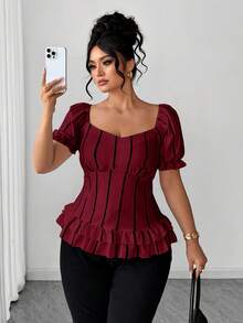 Elenzga Áo kiểu tay ngắn thanh lịch, dáng ôm eo, in họa tiết, cỡ lớn. - Màu Đỏ Sâu - Xem 6