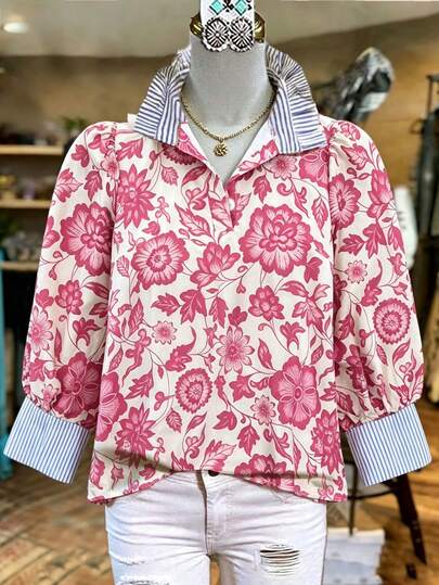 Voyazaga Spring/Summer Fashion Casual Resort Wear Versatile Everyday Women's Floral Striped Print Pattern Plus Size Pullover Ruffled Long-Sleeve Shirt Women's Beachwear