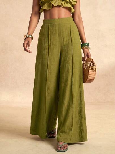 Zivah New Summer Casual Vacation Boho Linen Loose Olive Green Pleated Wide-Leg Women Pant,Suitable For Everyday Wear, Travel, Vacations, Holidays, Beaches, Nomadic Looks, Western Vibes, Party, Festivals, Music Festivals, Airport Outfits, Brunch Outfits,Commuting-A